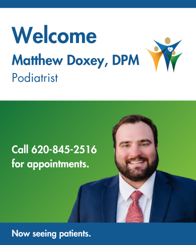 Welcome Matthew Doxey, DPM. Podiatrist. Call 620-845-2516 for appointments